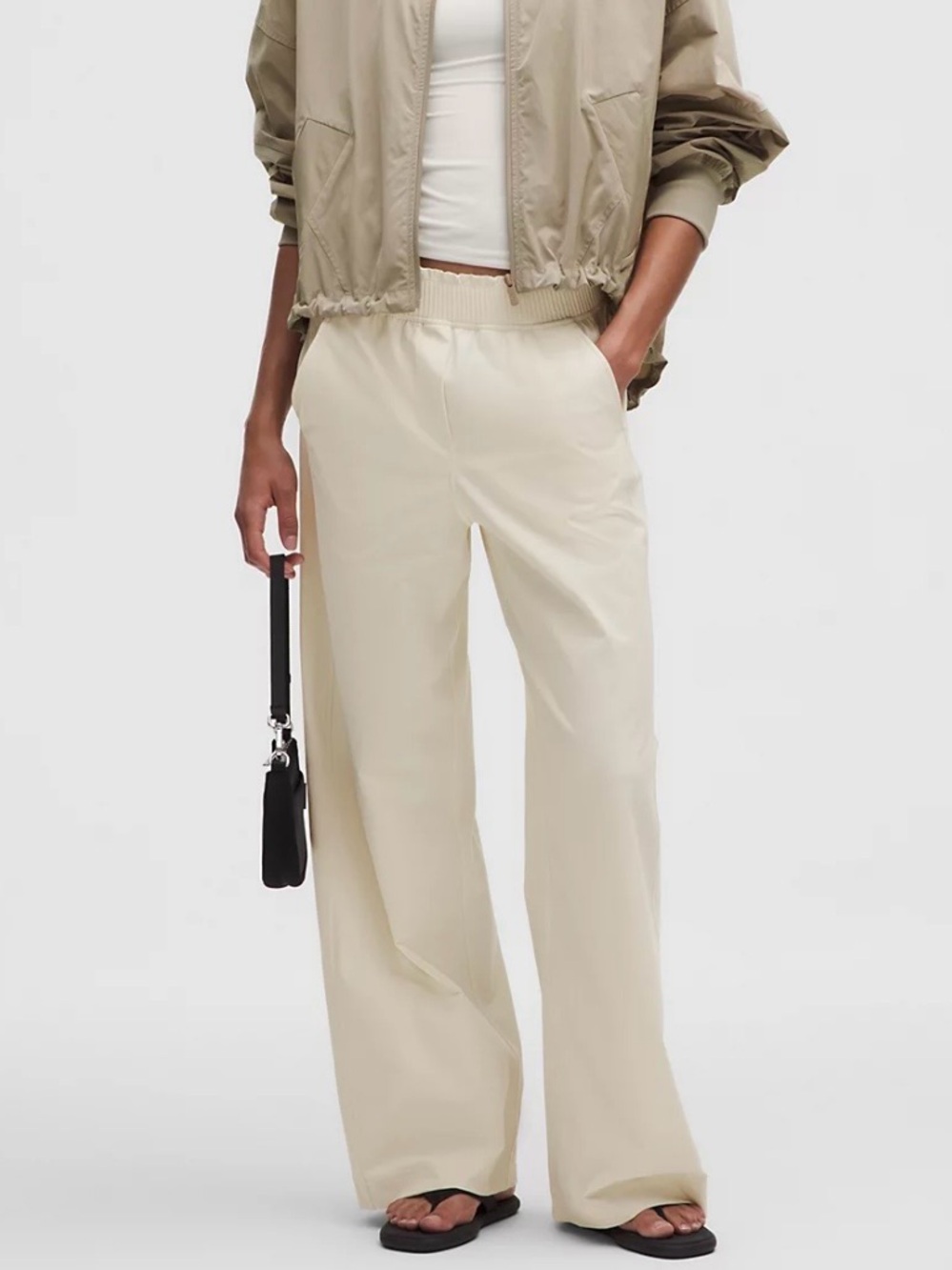 Stretch Woven Ruffle-Waist Wide Leg Pant